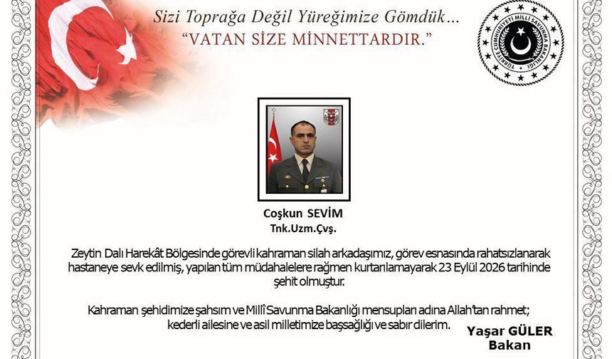 Zeytin Dalı Harekat bölgesinden şehit haberi geldi